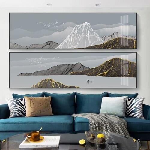 Nordic Abstract Geometric Mountain Landscape Wall Art Canvas Painting River Boat Print Poster Wall Picture for Living Room Decor