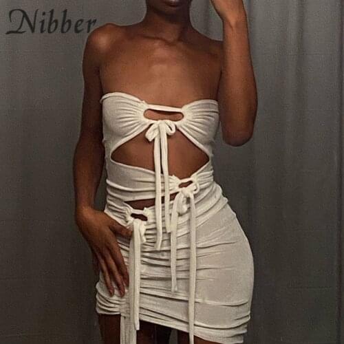 Nibber New Fashion Solid Color Mini Dresses Breast Wrap Hollow Lace-Up Sexy Design For Women Vacation Party Night Clubwear 2021