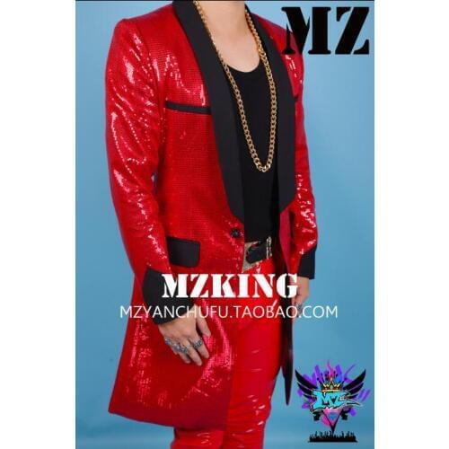 New mens suits bar nightclub bigbang male singer DJ trend Korean red sequins long costume dress
