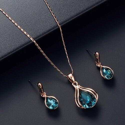 Wholesale Bridal Wedding Set Shiny Blue Rhinestone Rosegold Plating Women Necklace Earrings Jewelry Set