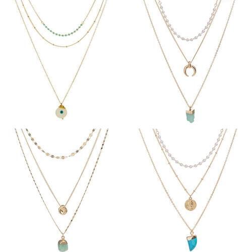 Natural Stone Necklace with Gold Color Elizabeth Gold Coin Disk Pendant Multilayer Pendant Necklace for Women Gift