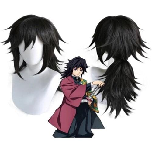 Anime Demon Slayer Kimetsu No Yaiba Tomioka Giyuu Black Heat Resistant Synthetic Hair Ponytail Halloween Cosplay Costume Wigs
