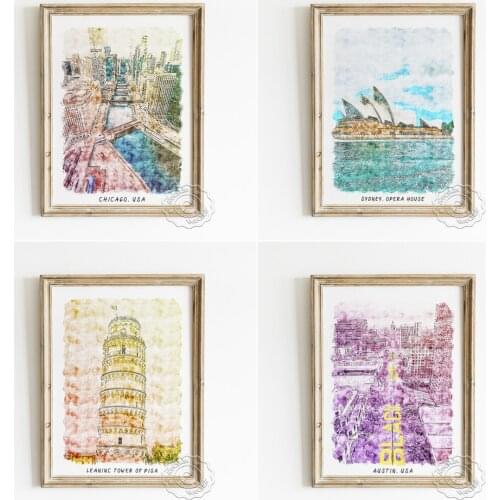 Travel Landscape Watercolour Exhibition Poster, World City Scenery Spot Art Prints, Sydney Pisa Chicago Austin Modern Home Decor