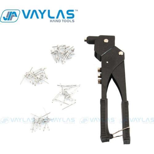 VAYLAS Rivet Gun with Swivel Head Hand Riveter Interchangeable Nozzles with 60pcs Aluminium Rivets Universal Repair Hand Tools