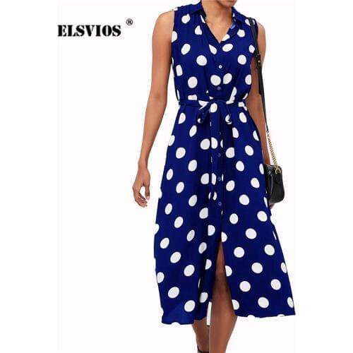 ELSVIOS 2019 Women Summer Sleeveless Dress Elegant Dot Printing V-neck button Dresses Casual Sweet Dress Female vestidos 2XL