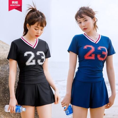 Sports Swimsuit Womens Split Conservative Short-Sleeved plus Size Two-Piece Boxer Belly Covering Slimming Swimsuit L2688