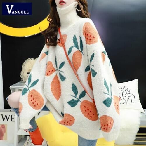 Vangull Knit Plush Sweater women Oversize Turtleneck Female Pullovers Fruit Printed Woman Sweater Winter Loose Thick Pullovers