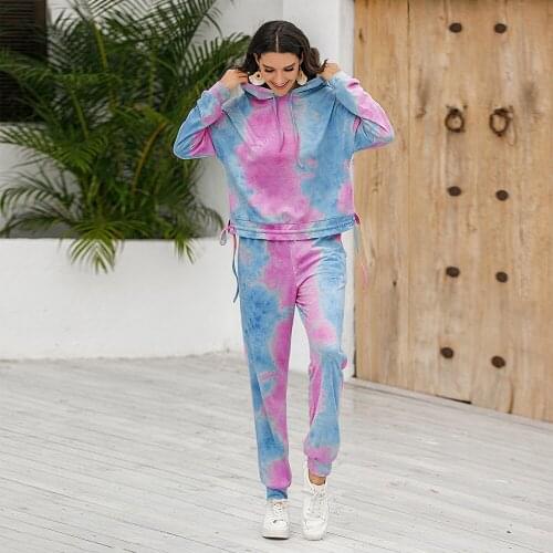 Womens casual tie-dye print clothes sets autumn long sleeved hooded sweatshirts with long pants two pieces sports home clothes