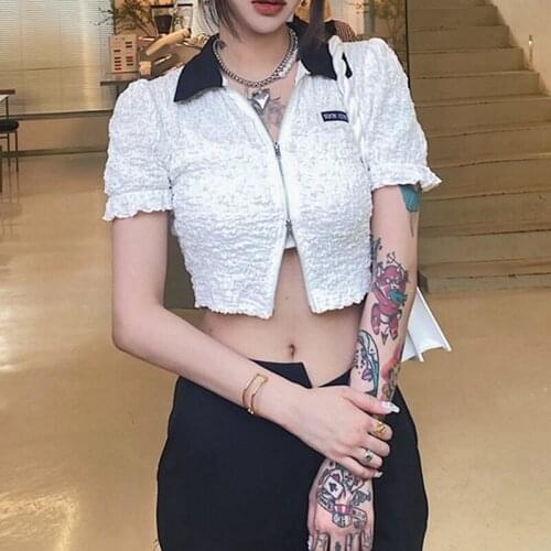 Turn Down Collar Crop T Shirt Bodycon Fashion Casual Sexy Ruched T Shirts 2021 Summer Y2k Korean Doubble Zipper Women T Shirt