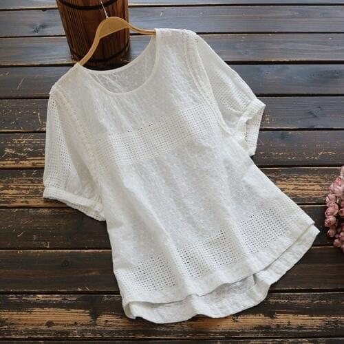 6100 Summer Women Japan Style Loose Hollow Embroidery Short Sleeve T-Shirt Women Vintage Solid Color O-Neck T-Shirts