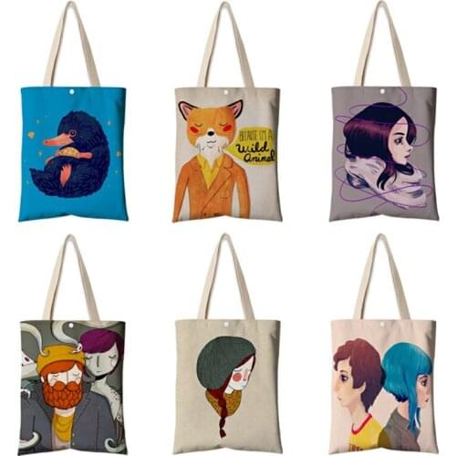 Nordic Style Cartoon Character Illustrations Graphic Ladies Shopping Shopper Bag Handbags Canvas Tote Bags Women Eco Reusable