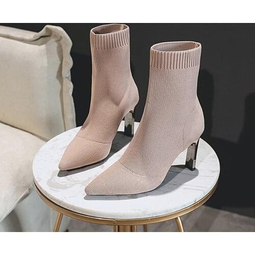 Womens Square Heel Ankle Boots Fashion Pointed Toe Ladies Slip On Boots Knitting Women Flat Shoes Casual Female Footwear 2021