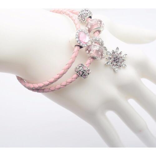Pink Women Bracelet Murano Glass Bead Crystal snowflake Awareness fit european bracelet women charm bracelet js1502