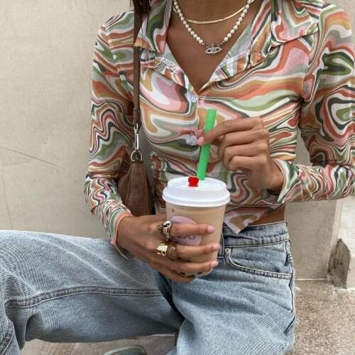 Y2K Color Wave Print T-shirt Button Up Long Sleeve Skinny Women Crop Top 90s Vintage Aesthetic Autumn Tee Shirt Streetwear