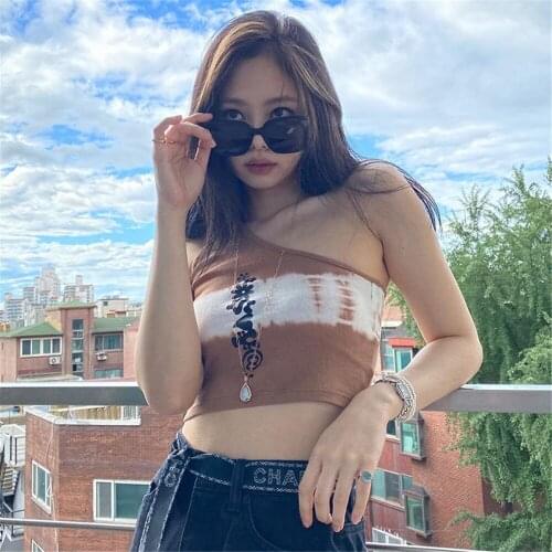 Women Print Vest Summer Fashion Sexy Hit Color One-shoulder Sleeveless Tank Top Crop Tops Casual Slim Stylish