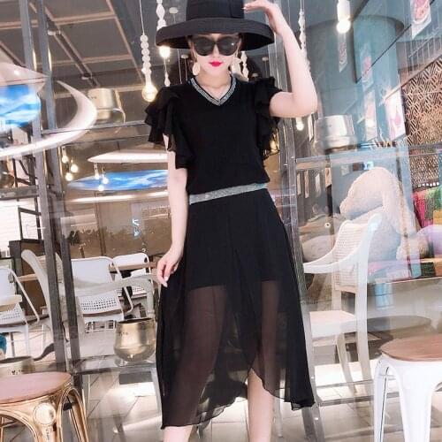 Womens dress summer gauze dress 2020 new lotus leaf sleeve V-neck waist slim thin temperament black dress