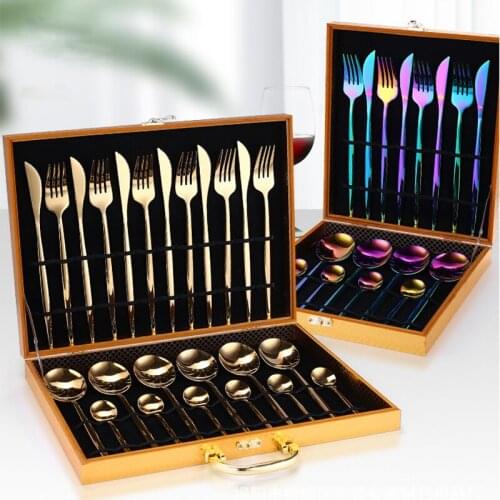 24pcs Gold Dinnerware Set Mirror Stainless Steel Tableware Set Knife Fork Coffee Spoon Flatware Set multiple colors Cutlery Set