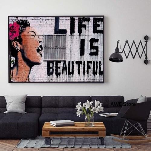 LIFE IS BEAUTIFUL Abstract Graffiti Woman Poster Wall art Canvas Painting Bansky posters and prints Pictures for living room