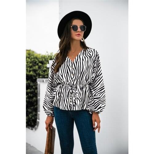 Womens Blouses Spring Autumn Zebra Print Frawstring Button Long Sleeve Shirts Women Clothing 2021 Casual Blusas Femme Y2k Tops