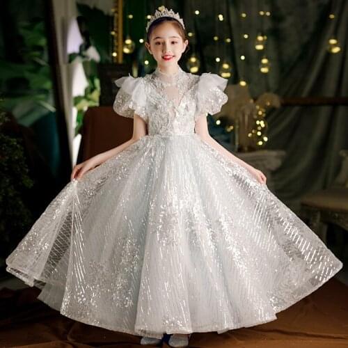 2021 Luxury New Children Girls Sequined Simy Birthday Party Wedding Marriage Ceremony Princess Prom Dress Kids Piano Host Dress
