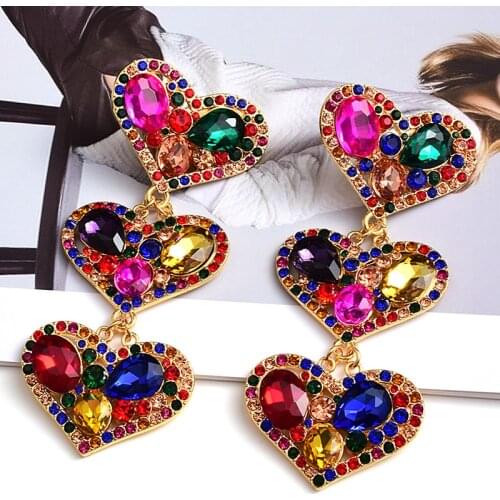 Statement Long Metal Loving-Heart Colorful Crystal Dangle Drop Earrings High-Quality New Fashion Jewelry Accessories For Women