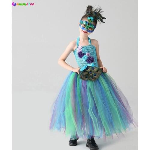 Elegant Peacock Costume for Girls Princess Dress Kids Tea Length Handmade Tulle Dress Girls Halloween Birthday Party Clothes