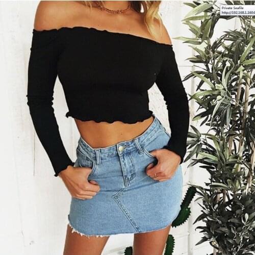 Sexy Off Shoulder Long Sleeve T-shirt Women Solid Color Slim Fit Ruffle Crop Top Spring Autumn Ladies Casual Tee Top Pullover