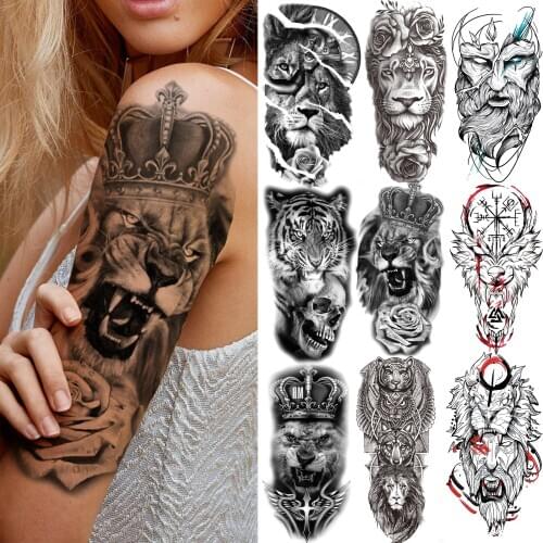 Crown Lion Flower Temporary Tattoos For Women Men Kids Boy Black Tiger Skeleton Tattoo Sticker Fake Compass Tatoos Half Sleeve