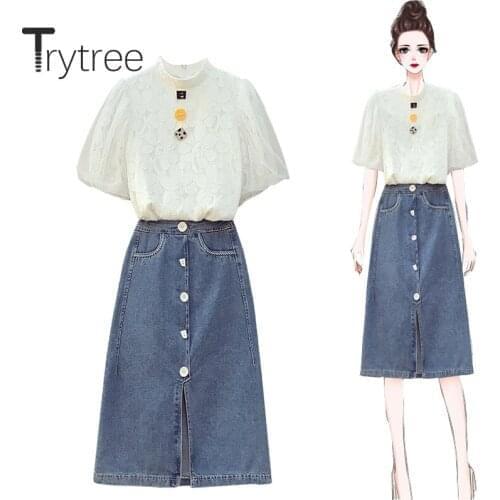 Trytree 2020 Summer Women Two Piece Set Casual Stand Collar Lace White Tops + Cowboy Skirt Button Split hem Fashion 2 Piece Set