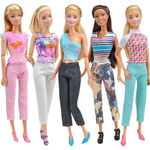 5 Set Fashion Elegant Dolls Toy Casual Wear Clothes Outfits Tops+Pants with Shoes Accessories for Barbie Toys Kids Girls Gift