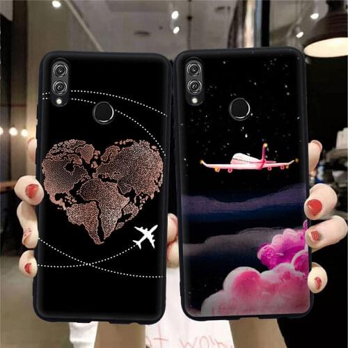 World Map Travel Just Go TPU Soft Phone Cases For Huawei Honor 9 10 20 P20 P30 Lite Pro 8X 8C 9X Pro plane black silicone Cover