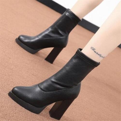 New Autumn Winter Platform Boots High Heels Black Short Boots For Women Waterproof Gothic Shoes Chunky elastic ankle boots
