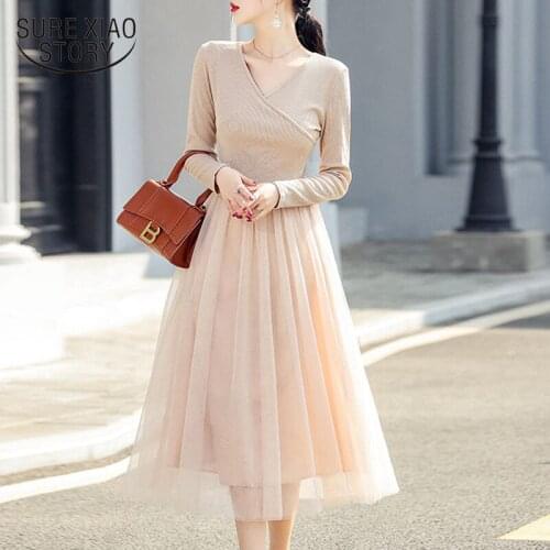 Spring 2021 Slim Knit Bottom Dress Female Stitching Fake Two Pieces of Medium-length Gentle Inner Mesh Dress Vestido Mujer 13275