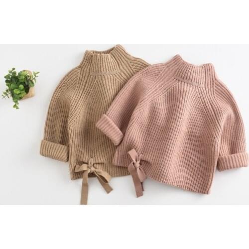 2021 Soild Color Baby Sweater for Boys Top Toddler 1-4 Years Girls Winter Clothing with Bow Children Clothes Warm Child
