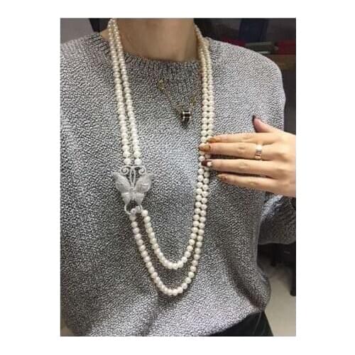 Double strands 9-10mm round south sea white pearl necklace 22-24inch