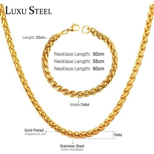 LUXUSTEEL Women Necklaces Sets Stainless Steel Hiphop wheat Shape Chains Bracelets Sets Men 50cm 55cm 60cm Long Chain Necklaces