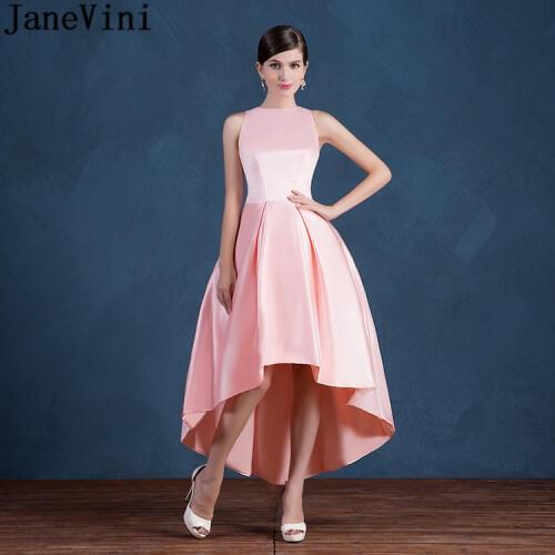 JaneVini High Low Pink Long Bridesmaid Dresses with Pockets 2018 Satin A Line Pleats Zipper Back Ankle Length Formal Prom Gowns
