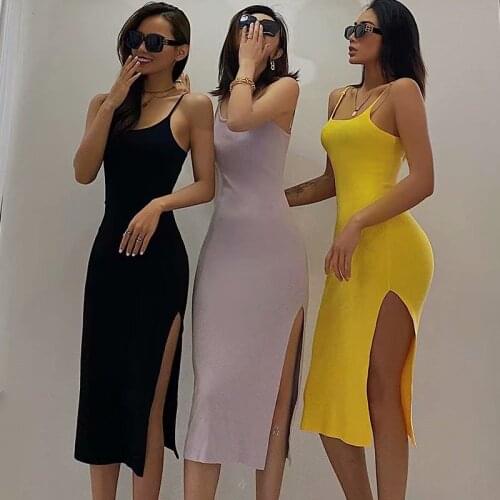 Knitted stay belt dress female bag hip spring and summer new mid-length skirt bottom side slit slim-fit vest suspender skirt