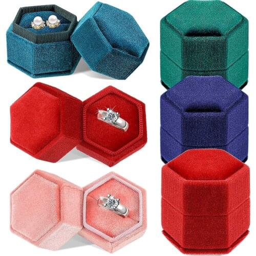 Hexagon Velvet Ring Box with Detachable Lid Earings Jewelry Storage Box for Proposal Engagement Wedding Ceremony Ring Display