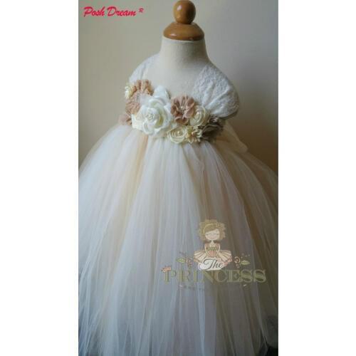 POSH DREAM Ivory Champagne Flower Girl Dress for Wedding Party Shabby Flower Kids Party Clothes for Children Girls Tutu Dress
