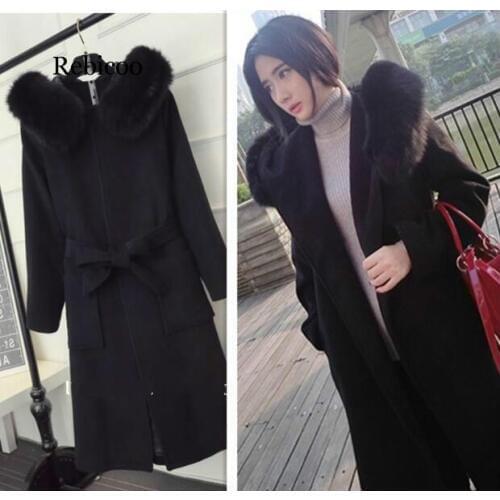 Warm Faux Fur Collar Hooded Autumn Winter Jacket Women Woolen Coat Female European Style Long Cardigan Overcoat