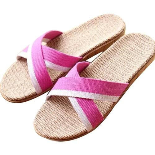 Womens Summer Linen Slippers Outside Red Cross Striped Slippers Indoor Home Flax Slippers Women Slides Flip Flops House Shoes