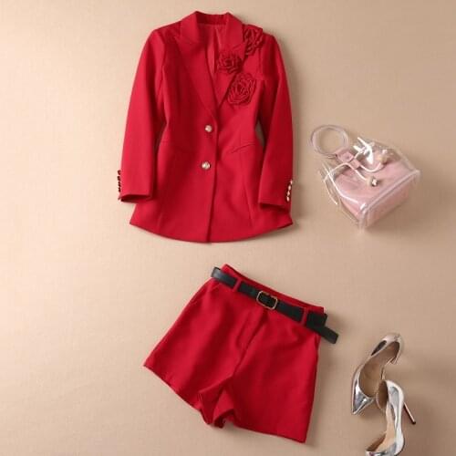 High Quality Blazer Sets 2021 Autumn Winter Suits Women Appliques Flower Deco Blazer Coats+Belt Deco Short Sets Ladies 2pc Suit