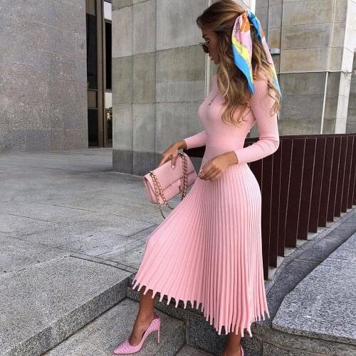 Maxi Dress None Vadim Cotton Linen Rushed Hot Sale Women Dress Free Shipping 2020 Autumn Fashion Female Long Knit Solid Pleated
