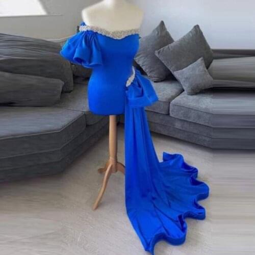 Royal Blue One Shoulder Prom Dresses With Beaded Sequins Short Sleeves Mermaid Evening Dress Asymmetrical Party Gowns