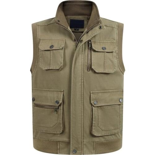 Spring Autumn Men Big Size 6XL Cotton Vest Multi Pockets Army Green Khaki Waistcoat Male Photography Sleeveless Collar Jacket