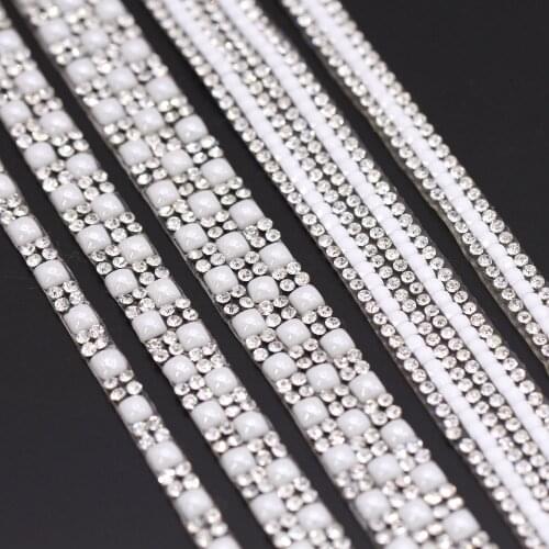 1 Yard White ABS Pearl Rhinestone Trim Hot Fix Rhinestones Ribbon Crystal Chain Tape Iron On Clothes Wedding Dresses DIY Crafts
