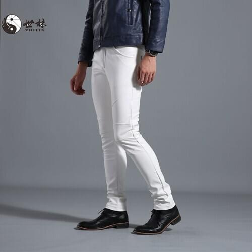 2021 Mens Autumn Thin Leather Pants Slim Fit Leather Pants Youth Feet Stretch Motorcycle PU Leather Pants