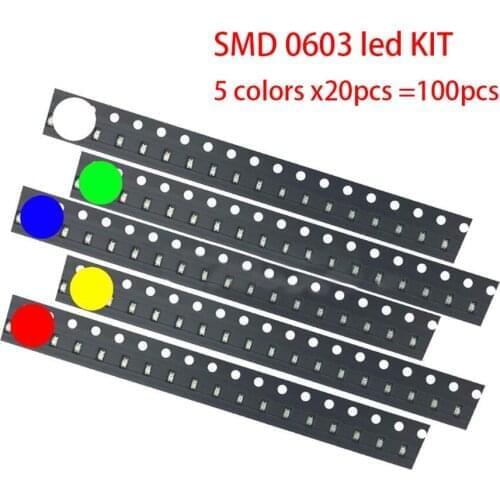 5 colors x20pcs =100pcs SMD 0603 led kit Red/Green/Blue/Yellow/White LED Light Diode KIT