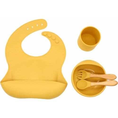 5 Pcs Baby Silicone Bib Cup Suction Bowl Spoon Fork Training Feeding Food Plate